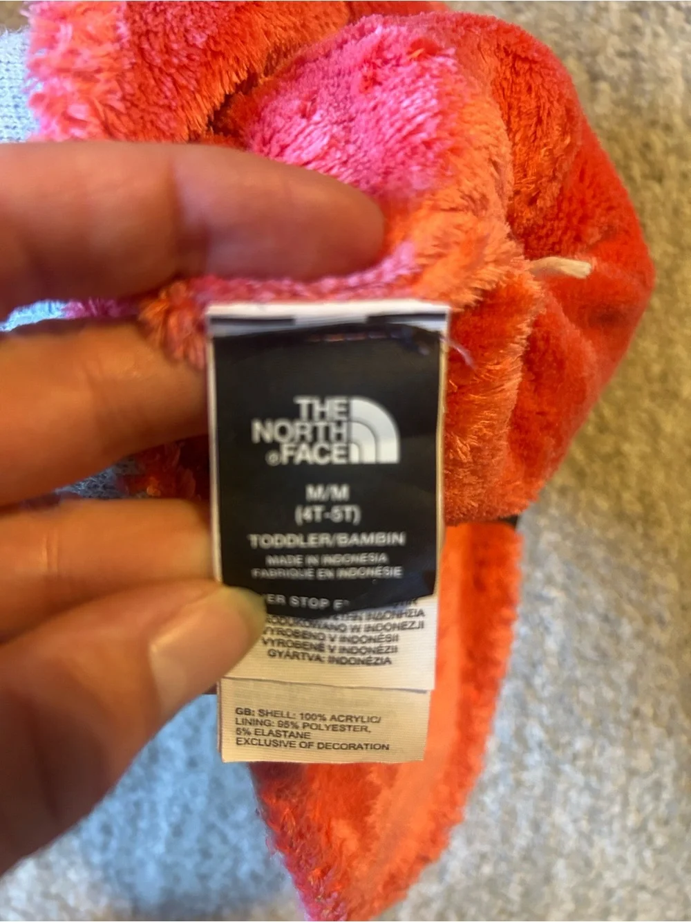 The North Face Light Blue Knit Kids Pom Beanie with Pink Trim